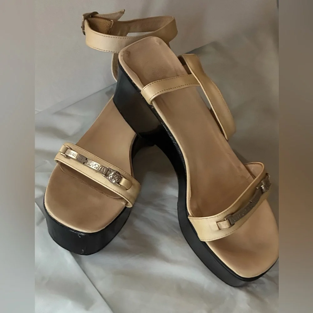 Vintage Gianni Versace Black & Cream Chunky Platform Wedge Sandals 90s Y2K